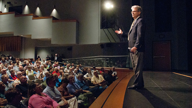U.S. Senator Tom Coburn speaking during a town hall meeting in the OCCC Visual and Performing Arts Center. (Mark Hancock)